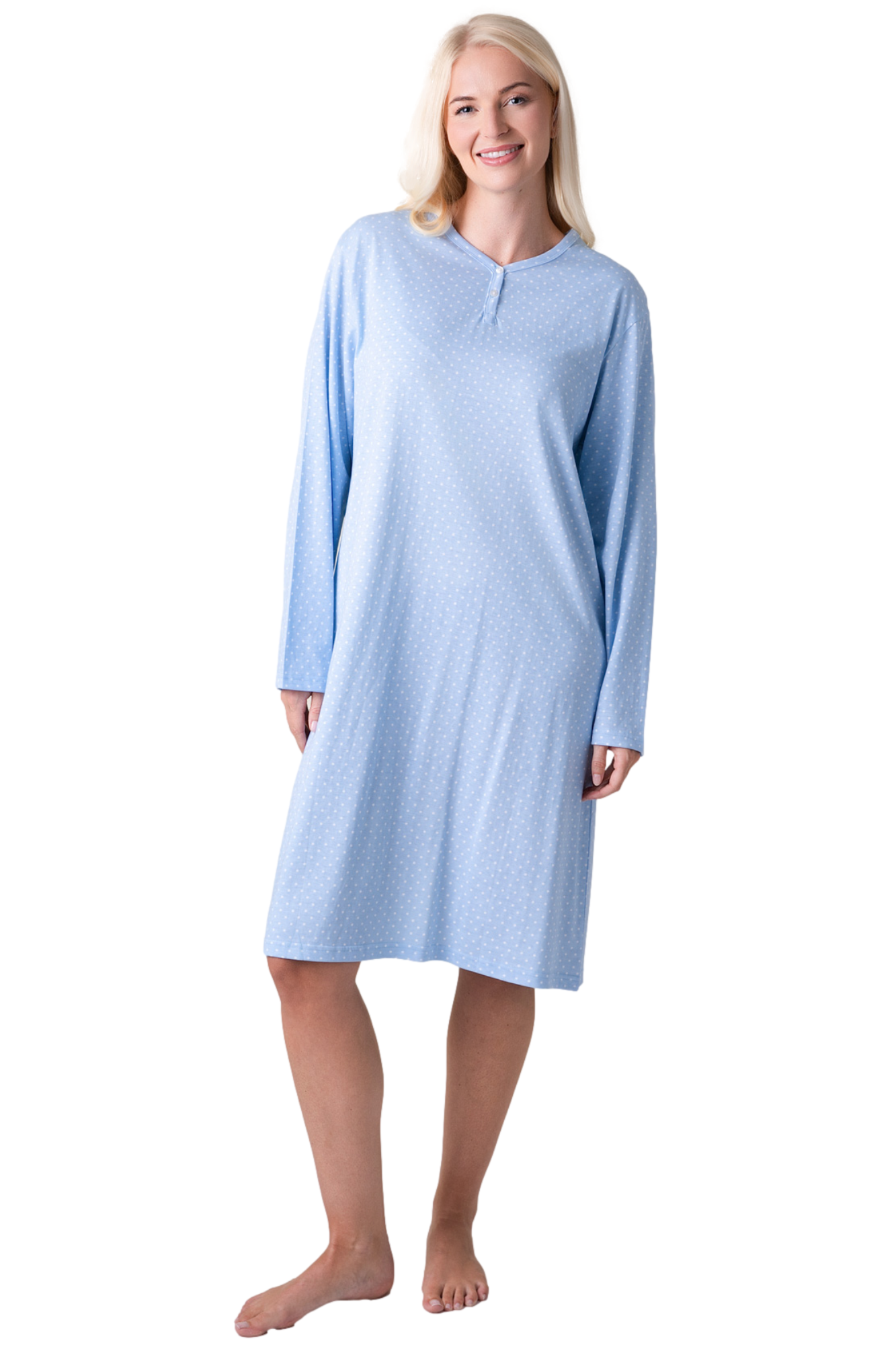 Womens 100% Organic Cotton Classic Knee Length Long Sleeved Nightdress