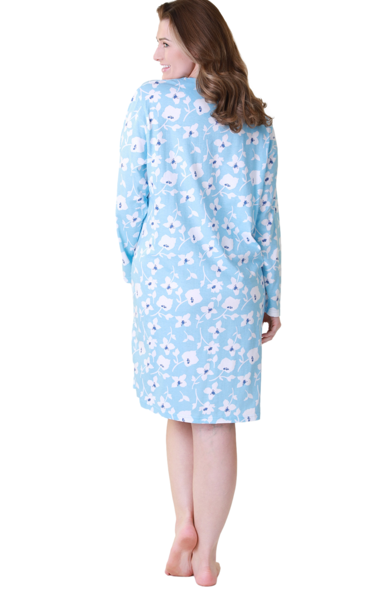 Womens 100% Organic Cotton Classic Knee Length Long Sleeved Nightdress
