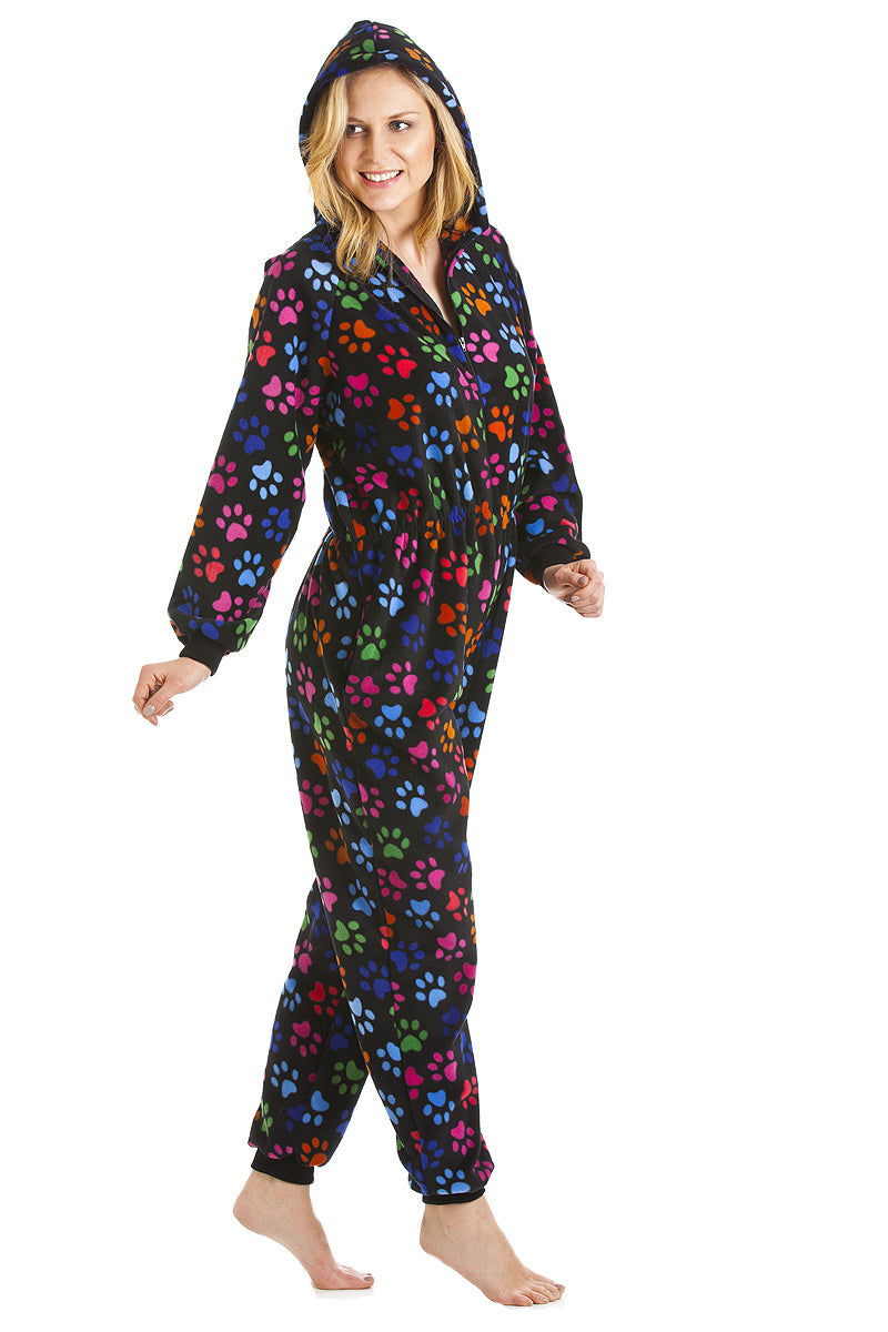 Womens Supersoft Fleece Multi-Coloured Paw Print Onesie