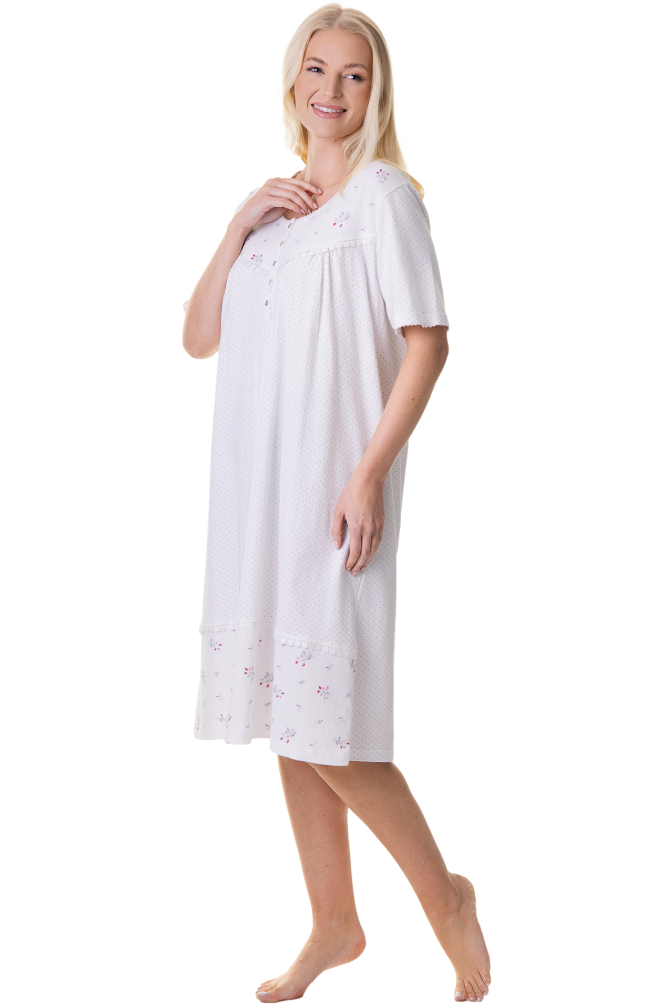 Womens 100% Cotton Short Sleeved Polka Dot White Nightdress
