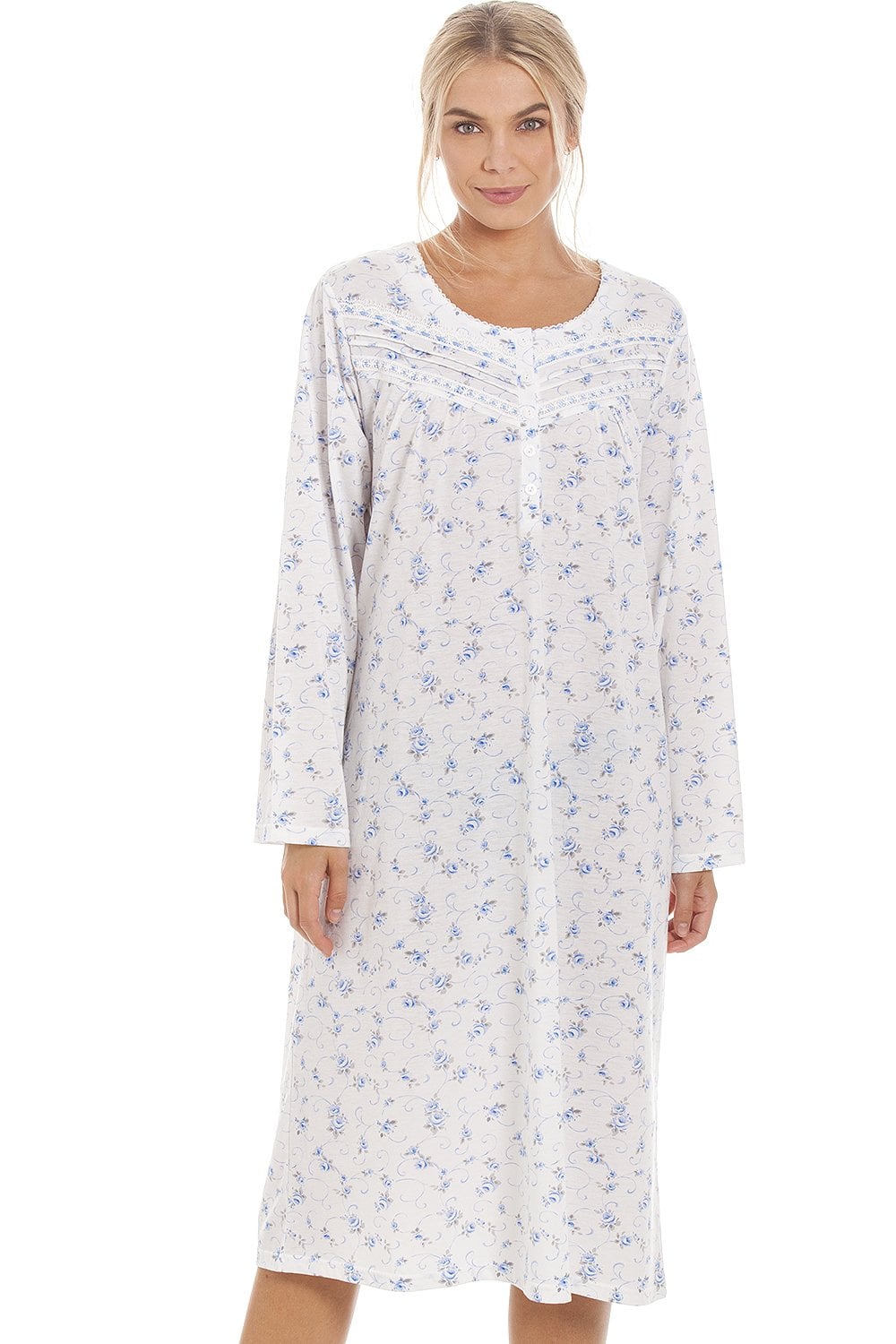 Womens Blue Rose Print Long Sleeve Nightdress