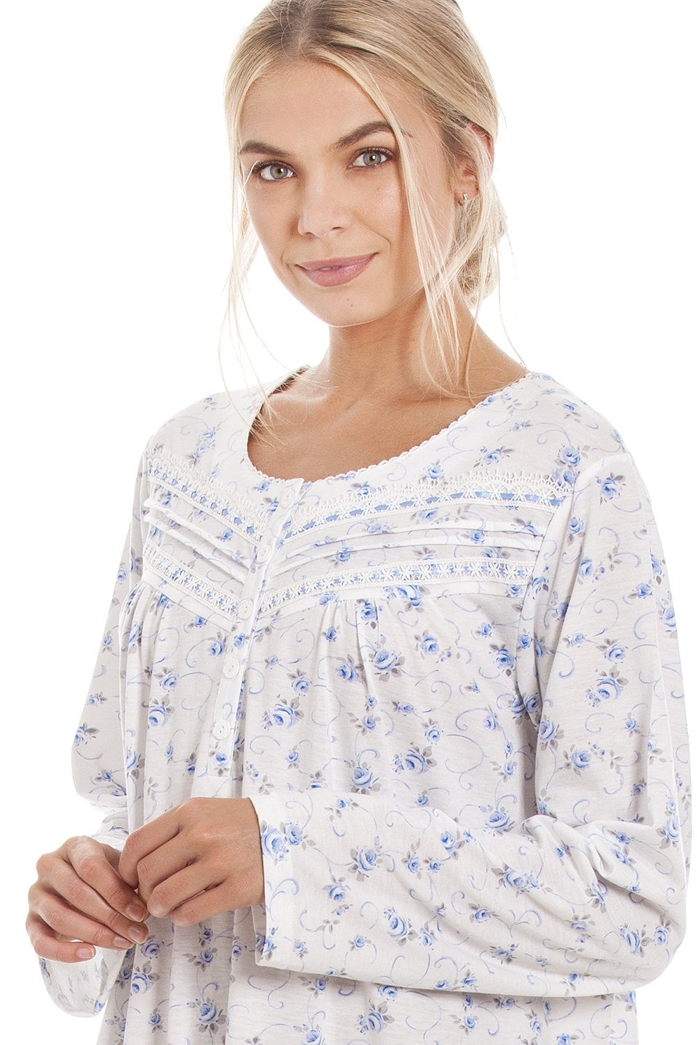 Womens Blue Rose Print Long Sleeve Nightdress