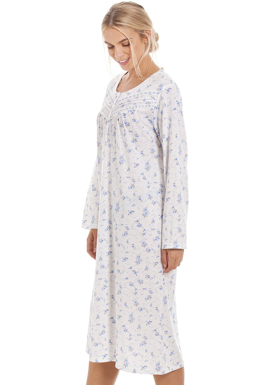 Womens Blue Rose Print Long Sleeve Nightdress