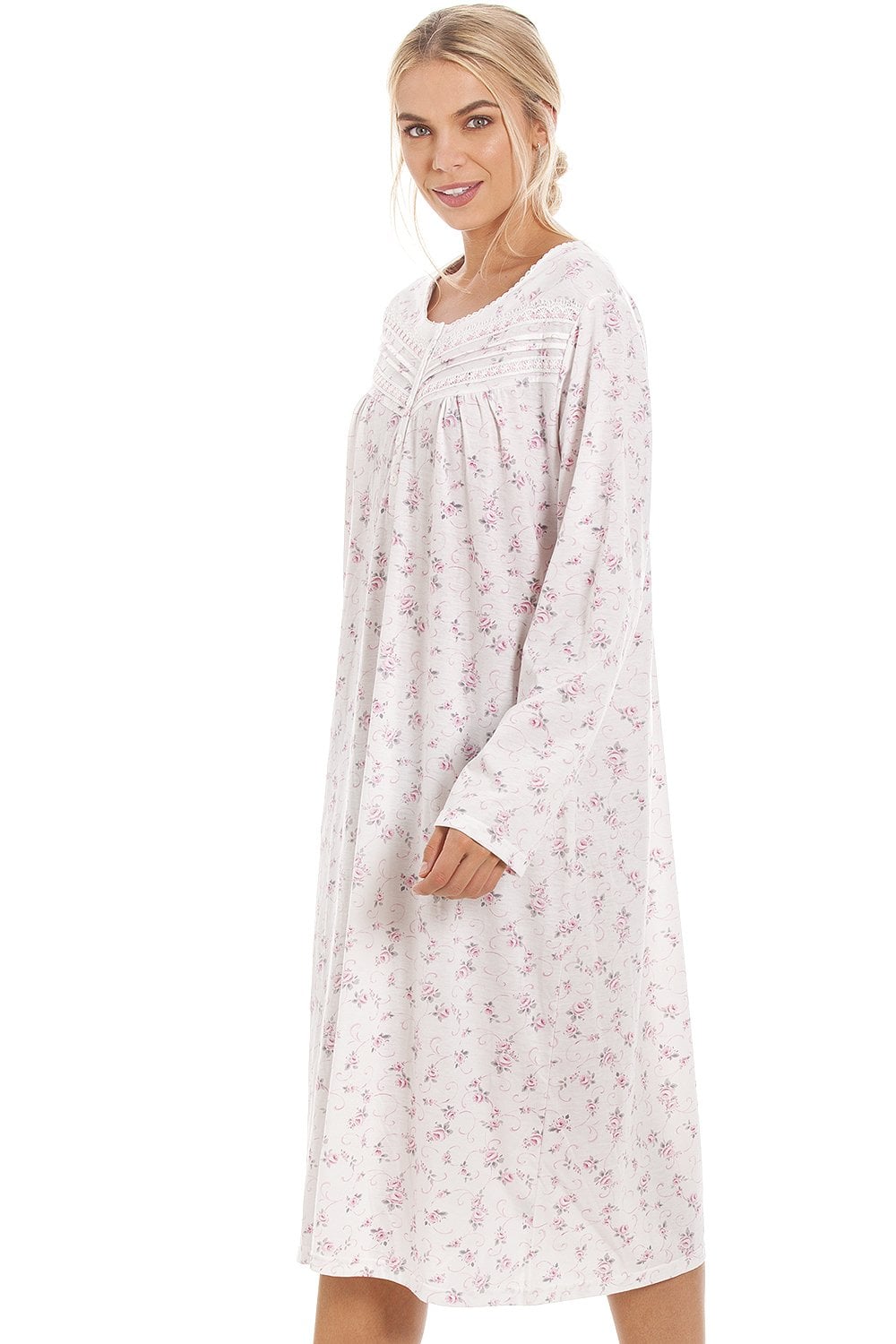 Womens Pink Rose Print Long Sleeve Nightdress
