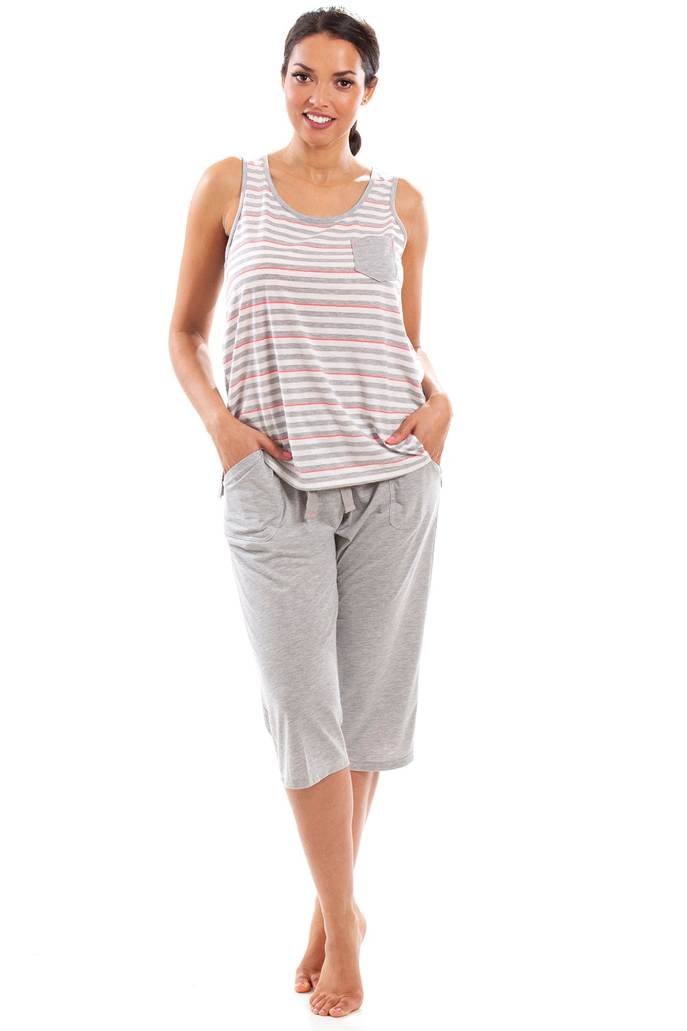 Womens Lightweight Striped Capri Bottom Pyjama Set