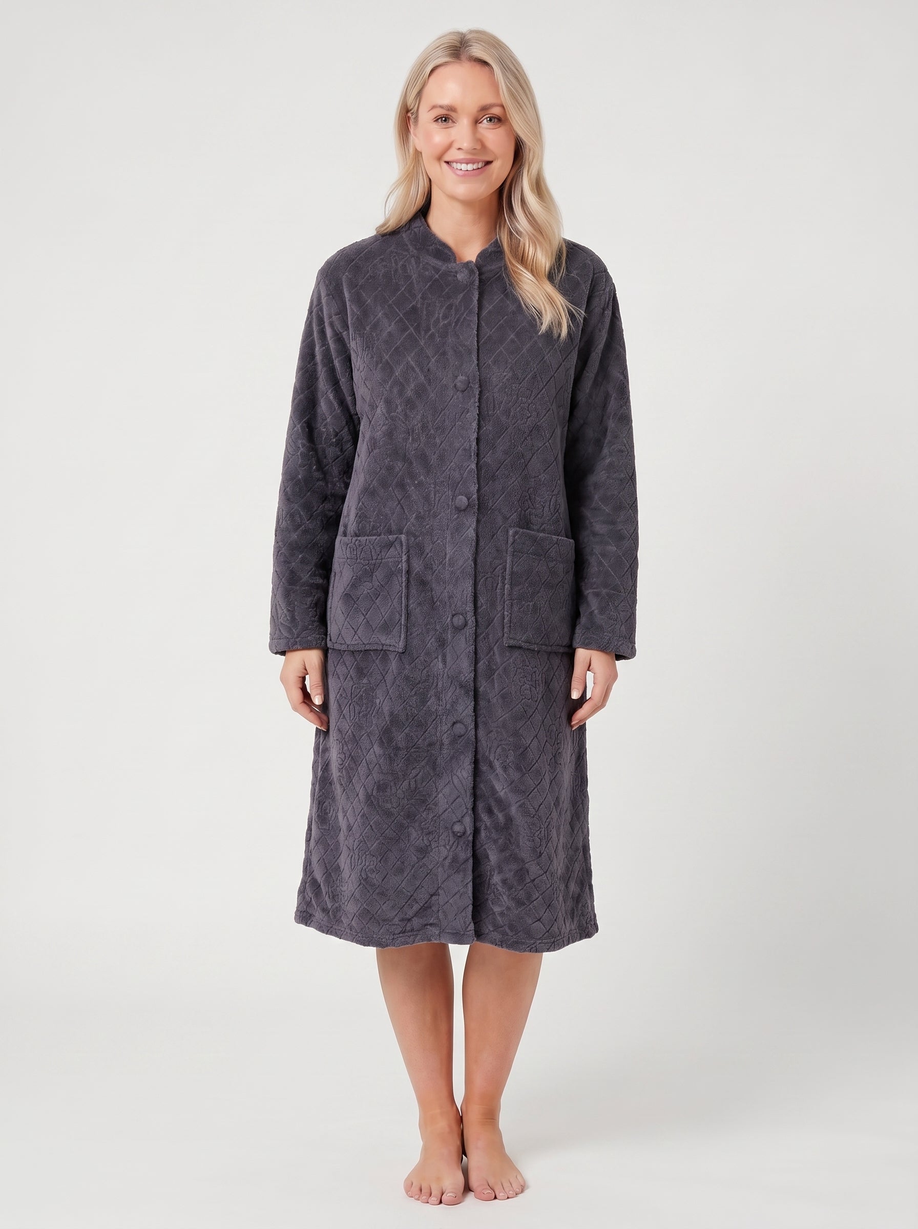 Womens Soft Fleece Floral Full Length Button Up Housecoats