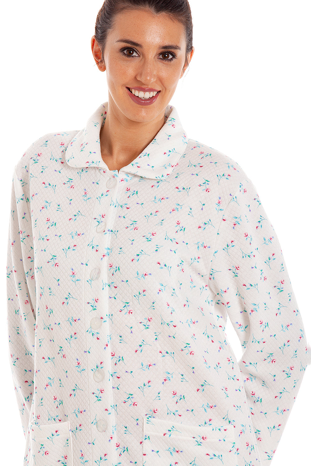 Womens Floral Mock Quilt Button Housecoat