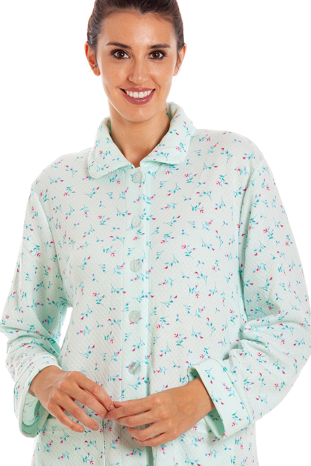 Womens Floral Mock Quilt Button Housecoat