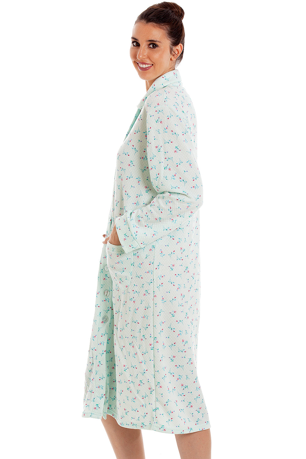 Womens Floral Mock Quilt Button Housecoat