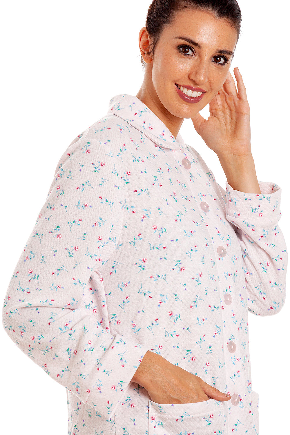 Womens Floral Mock Quilt Button Housecoat