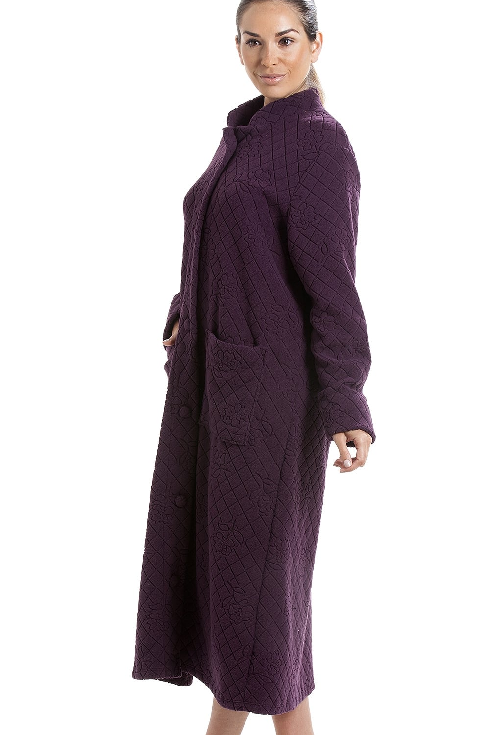 Womens Soft Fleece Floral Full Length Button Up Housecoats