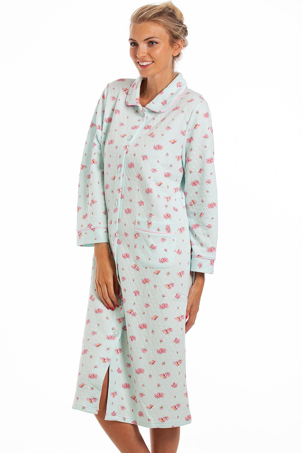 Womens Mock Quilted Floral Housecoat