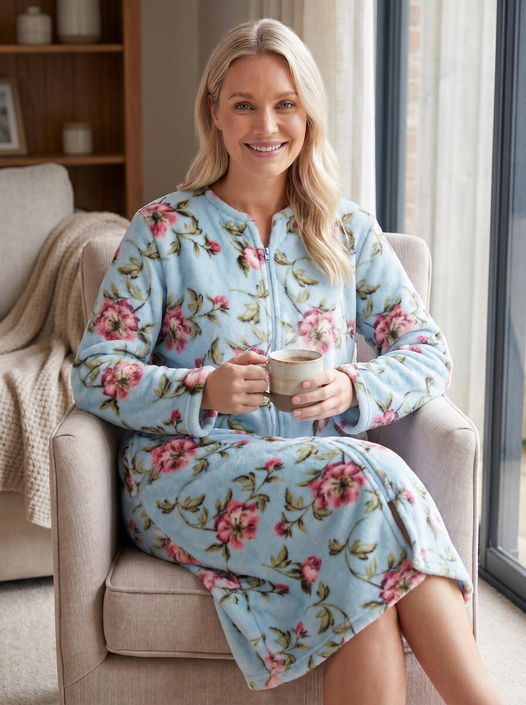 Womens Supersoft Fleece Floral Katie Zip Bathrobe