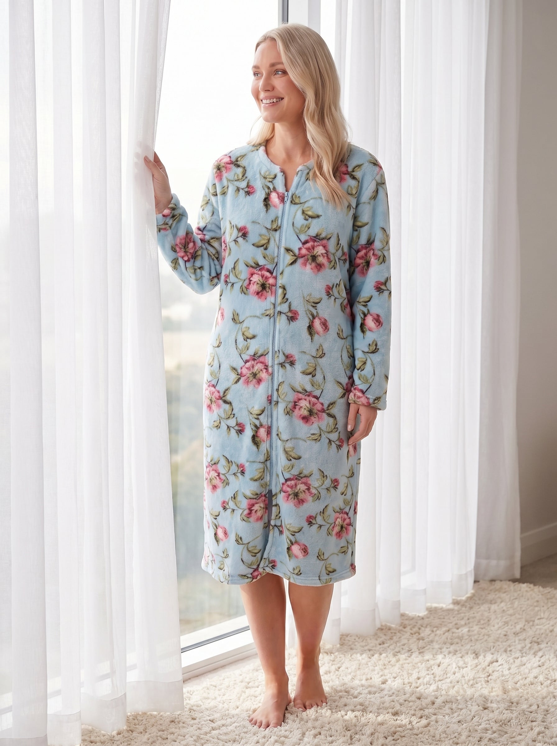 Womens Supersoft Fleece Floral Katie Zip Bathrobe