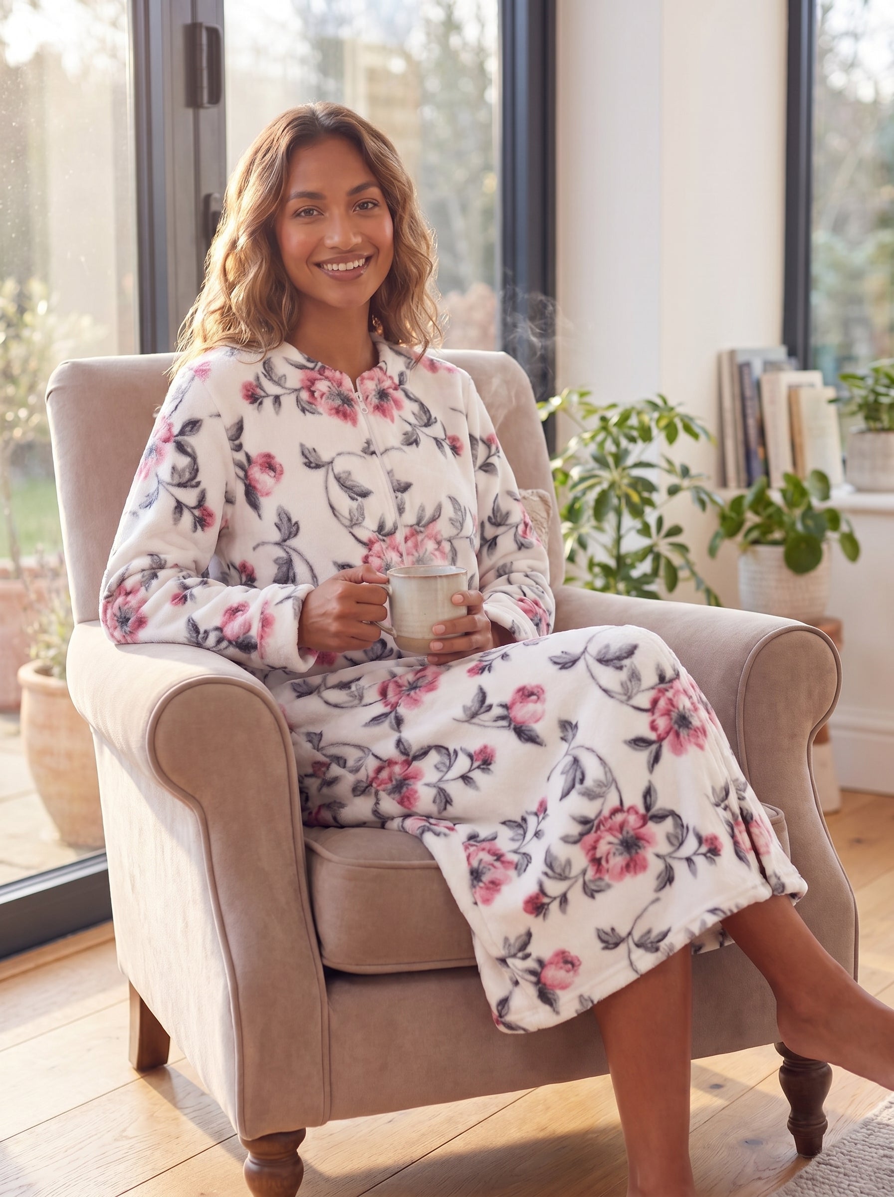 Womens Supersoft Fleece Floral Katie Zip Bathrobe