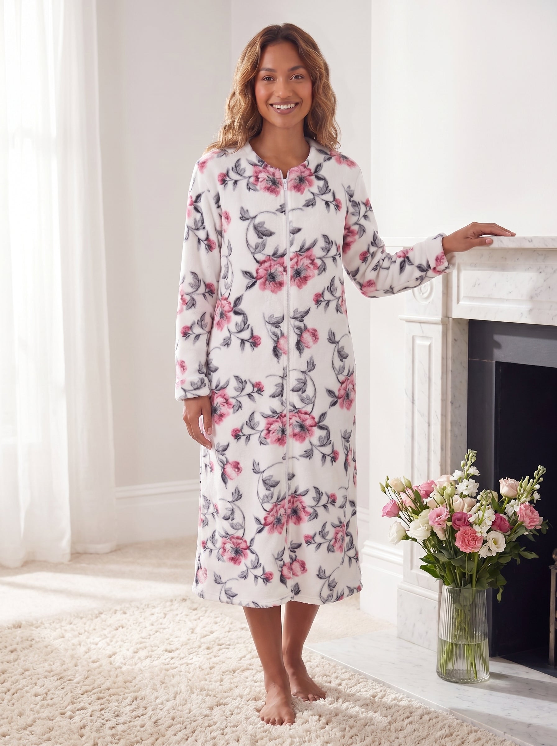Womens Supersoft Fleece Floral Katie Zip Bathrobe