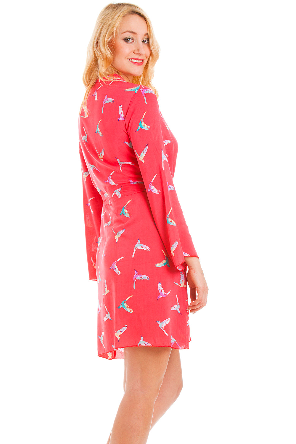 Coral Humming Bird Print Wrap And Chemise Set