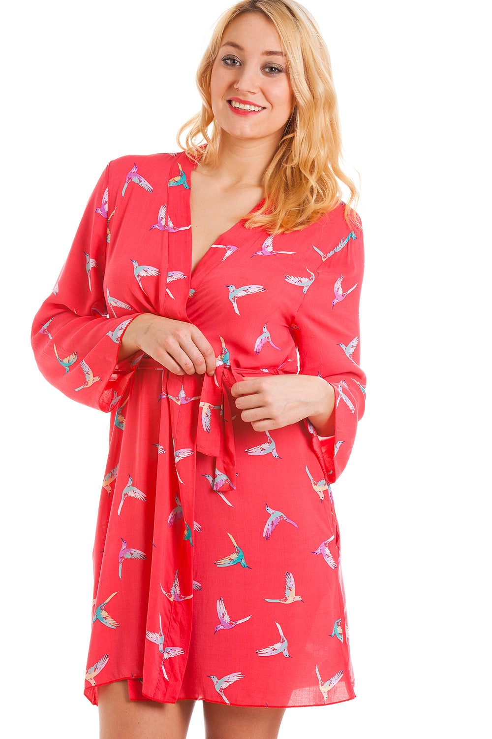 Coral Humming Bird Print Wrap And Chemise Set