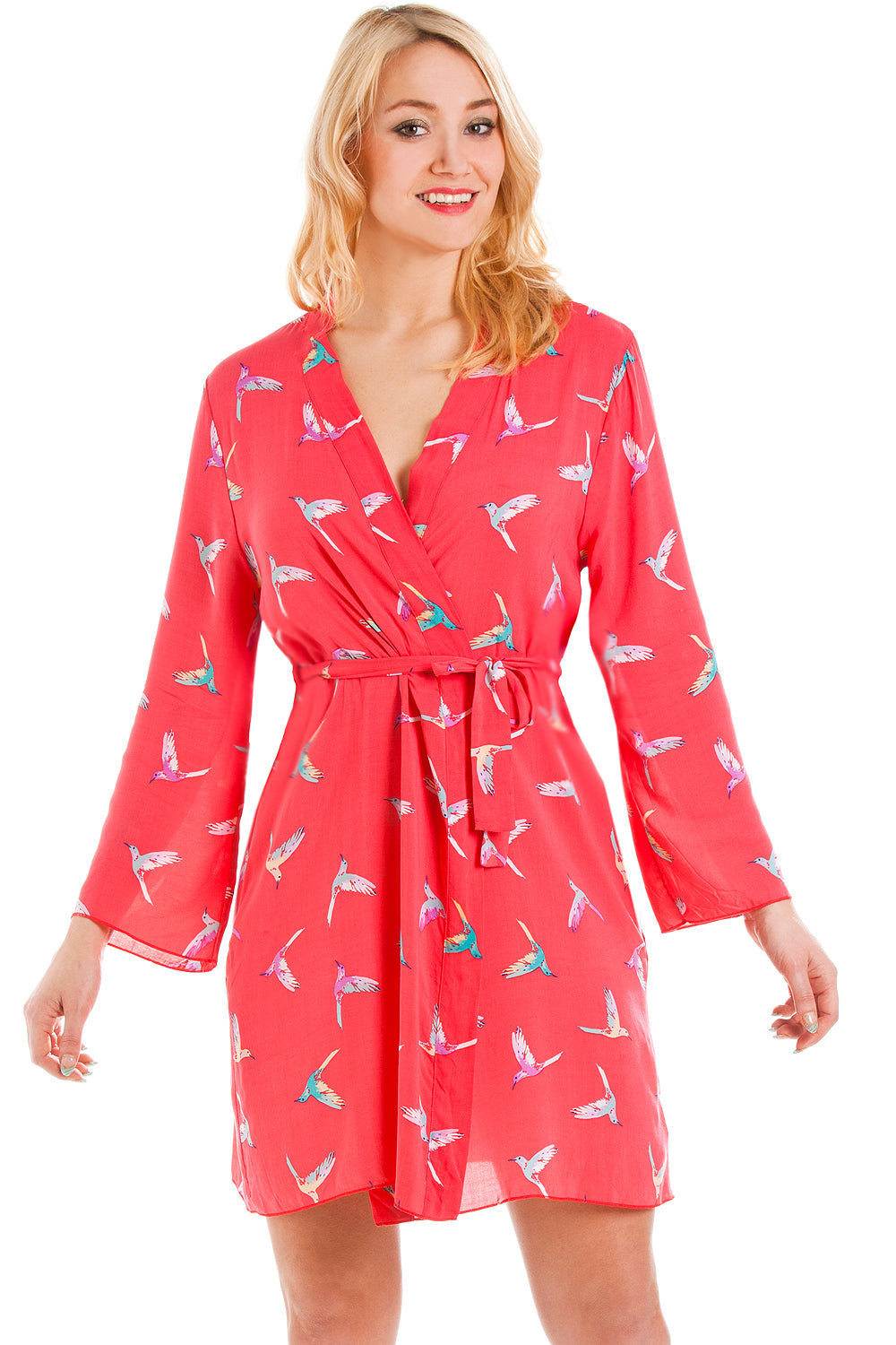 Coral Humming Bird Print Wrap And Chemise Set
