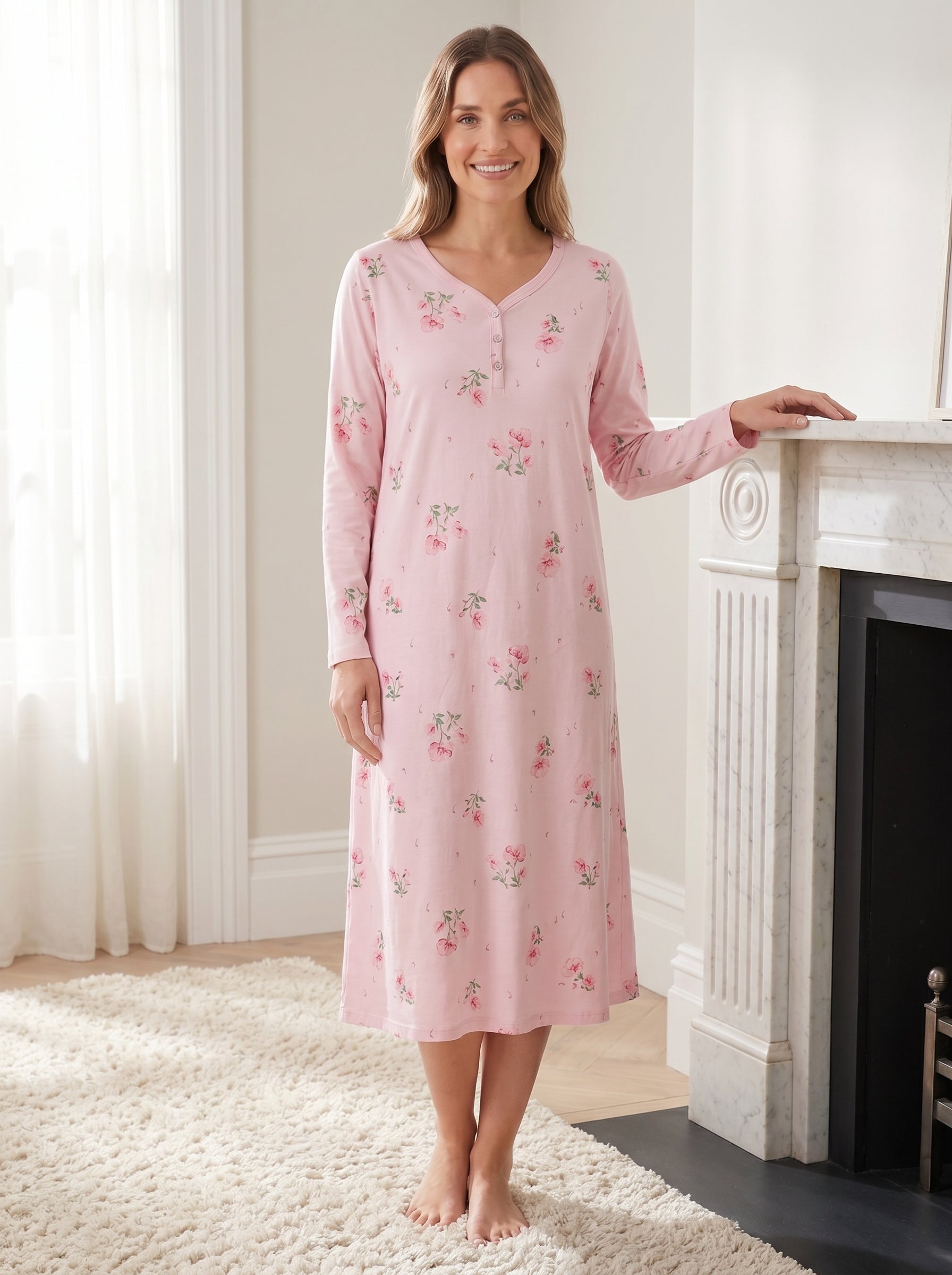 Camille Womens 100% Organic Cotton Classic Long Sleeve Nightdress