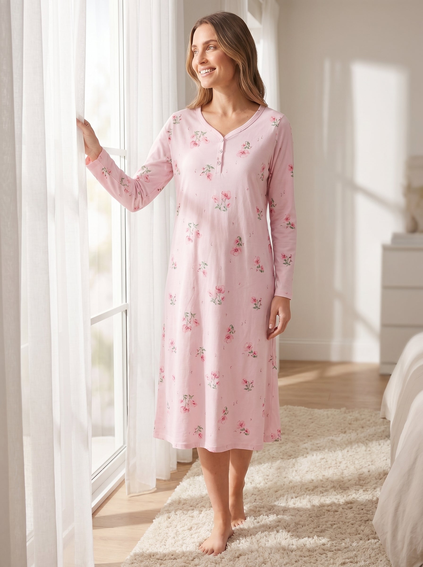 Camille Womens 100% Organic Cotton Classic Long Sleeve Nightdress