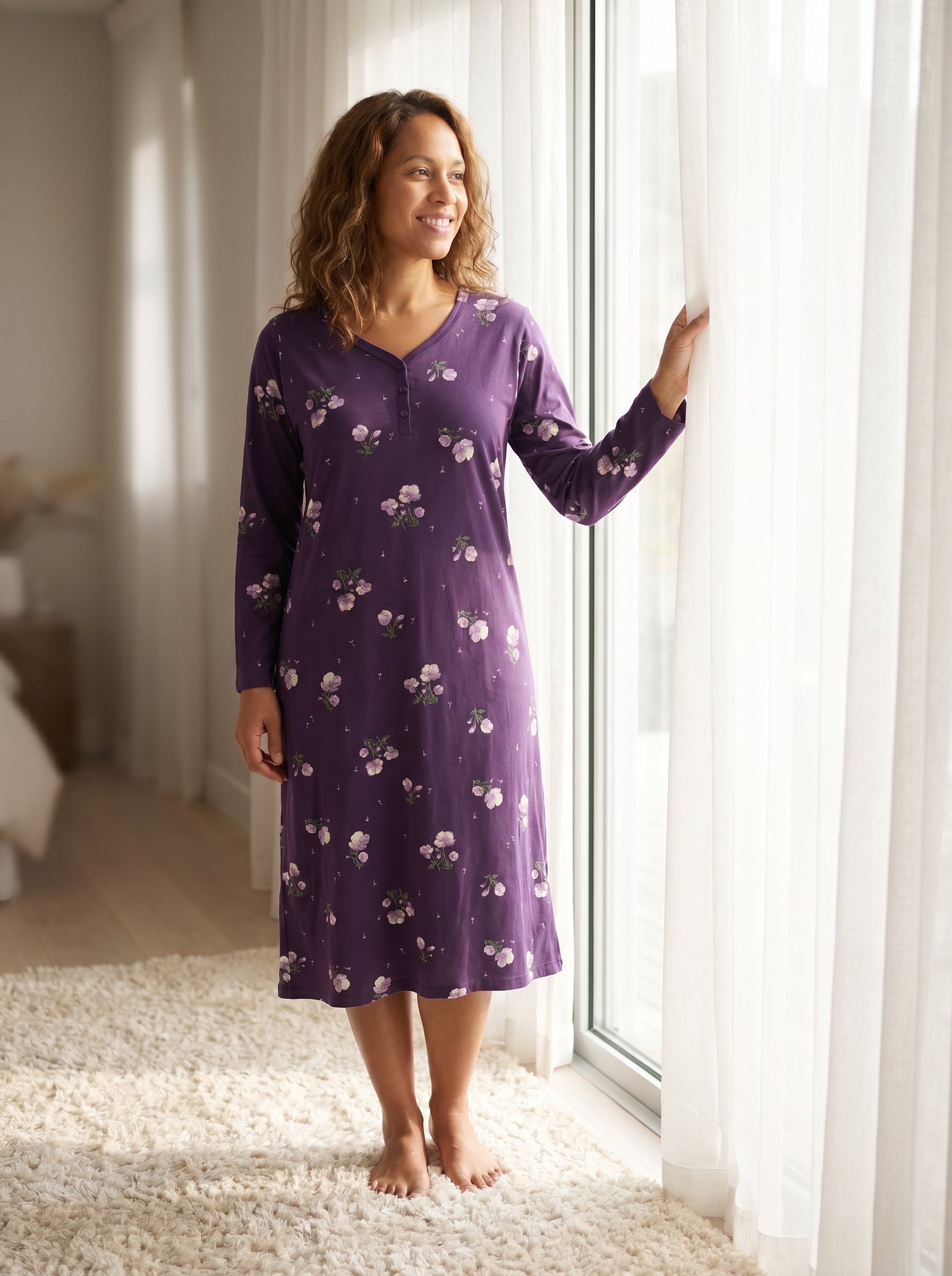 Camille Womens 100% Organic Cotton Classic Long Sleeve Nightdress