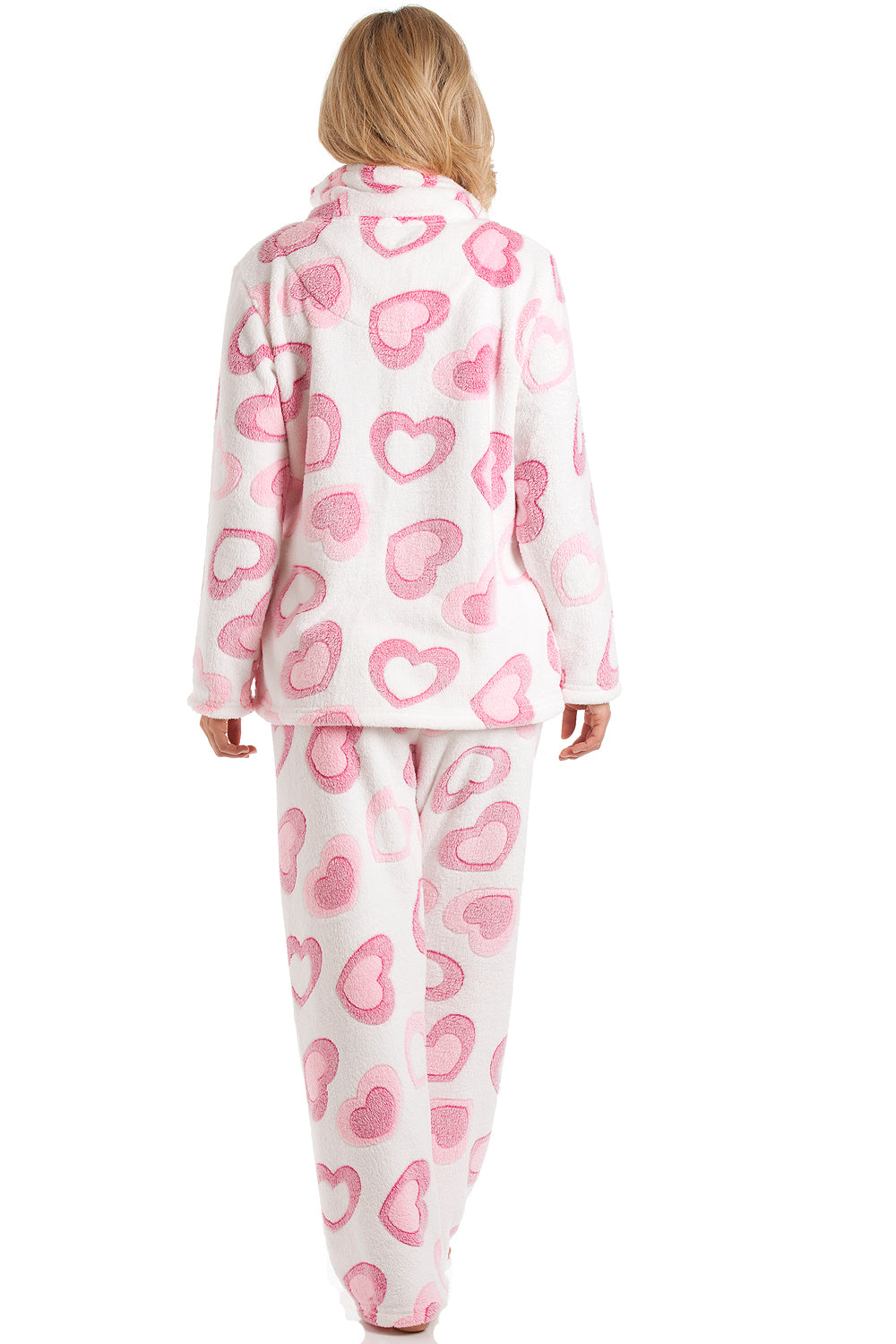 Camille Women's Pyjama Set in White Fleece Pink Heart Print Nightwear