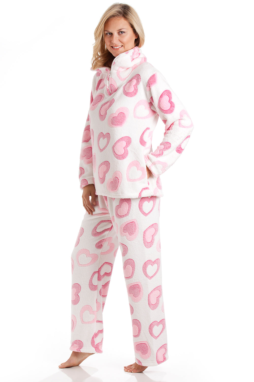 Camille Women's Pyjama Set in White Fleece Pink Heart Print Nightwear