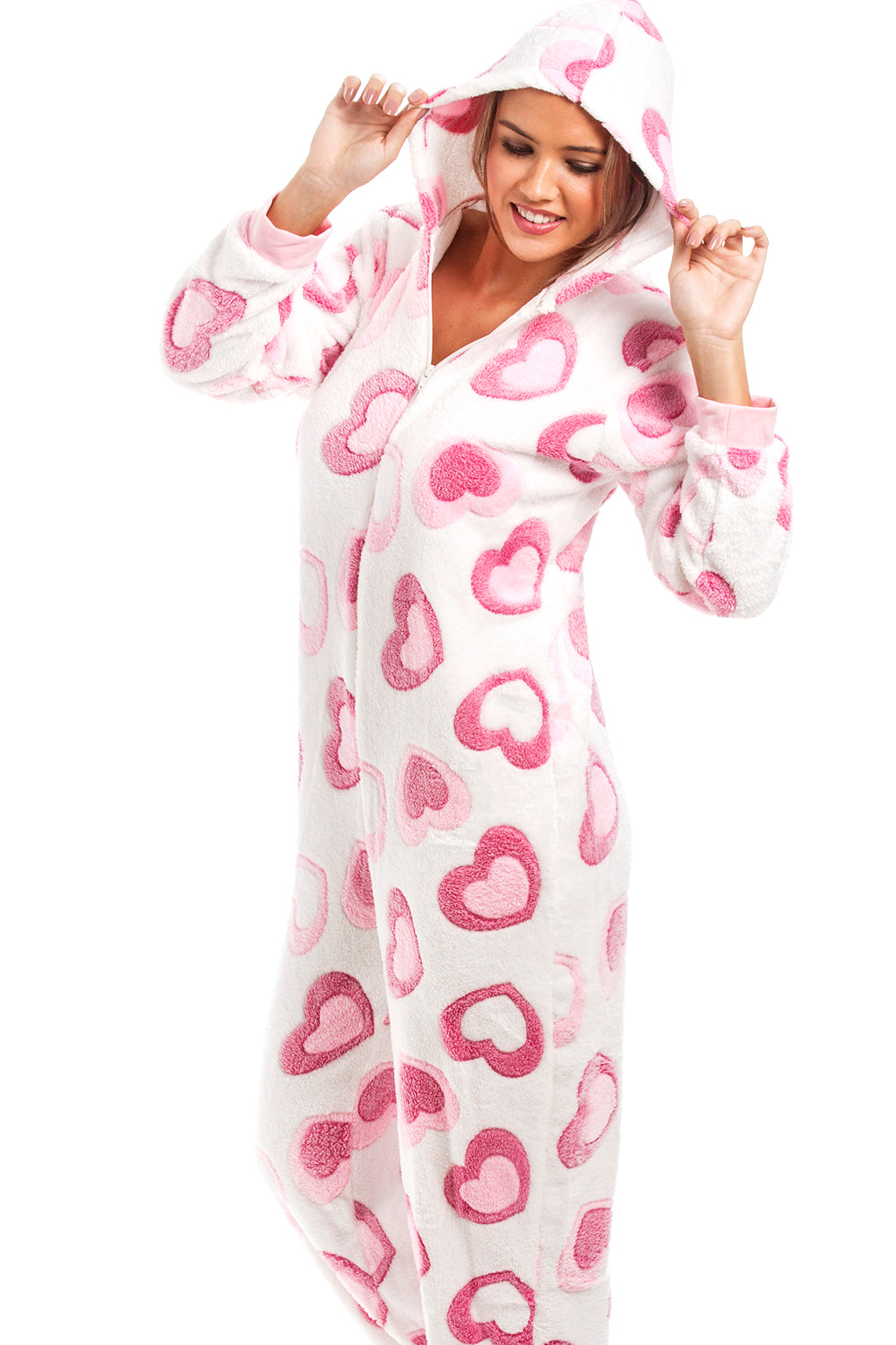 Camille Women's Supersoft Fleece Pink Heart Hooded Onesie