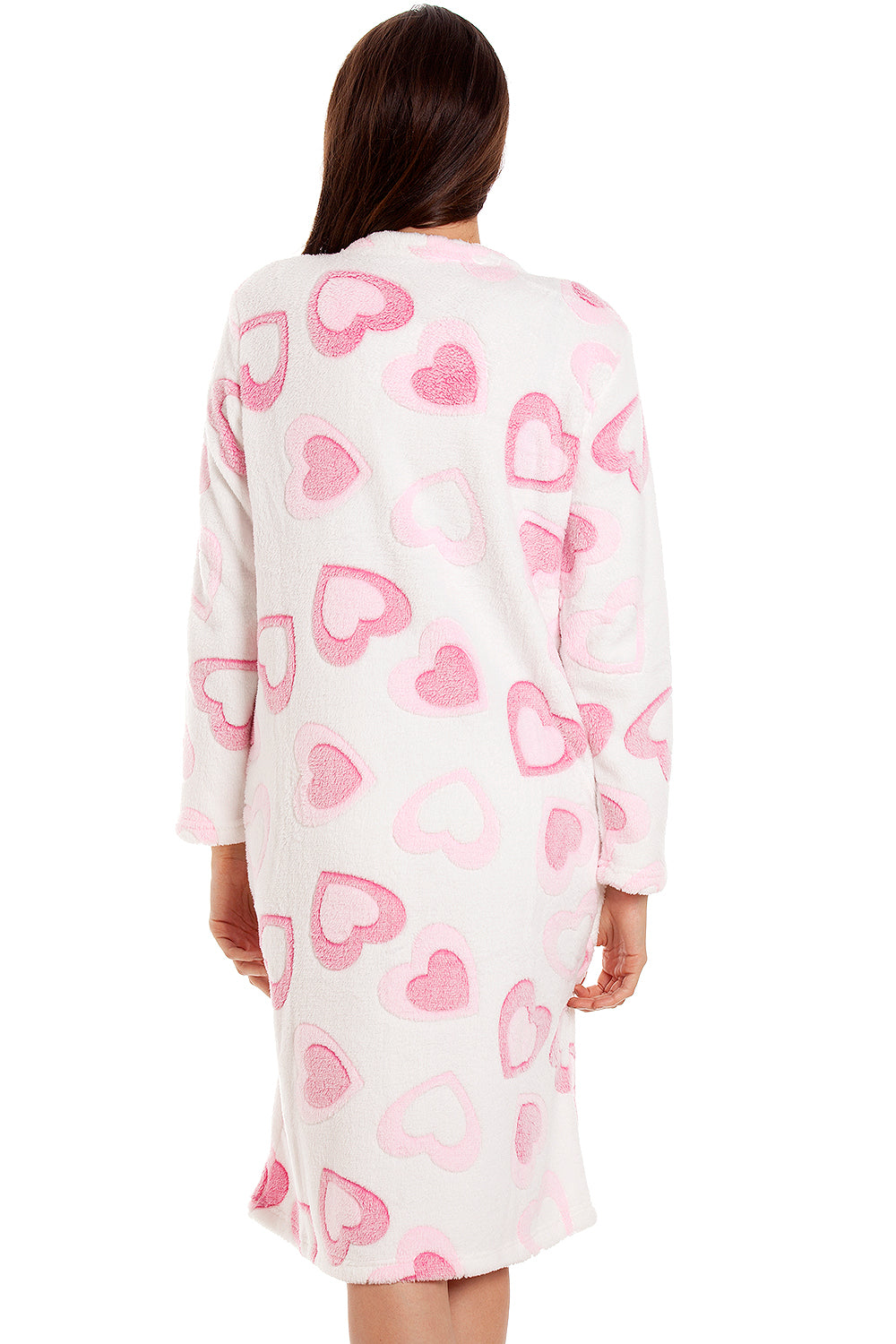 Camille Women's Lounge Dress in White Fleece Pink Heart Print Nightwear
