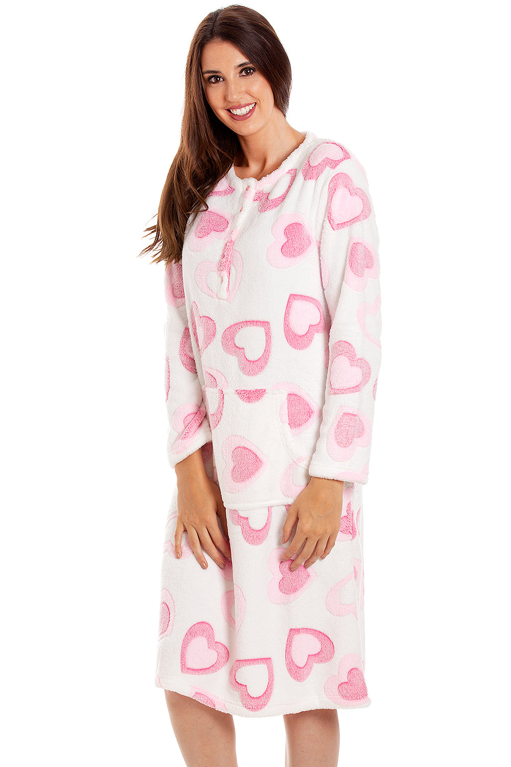 Camille Women's Lounge Dress in White Fleece Pink Heart Print Nightwear