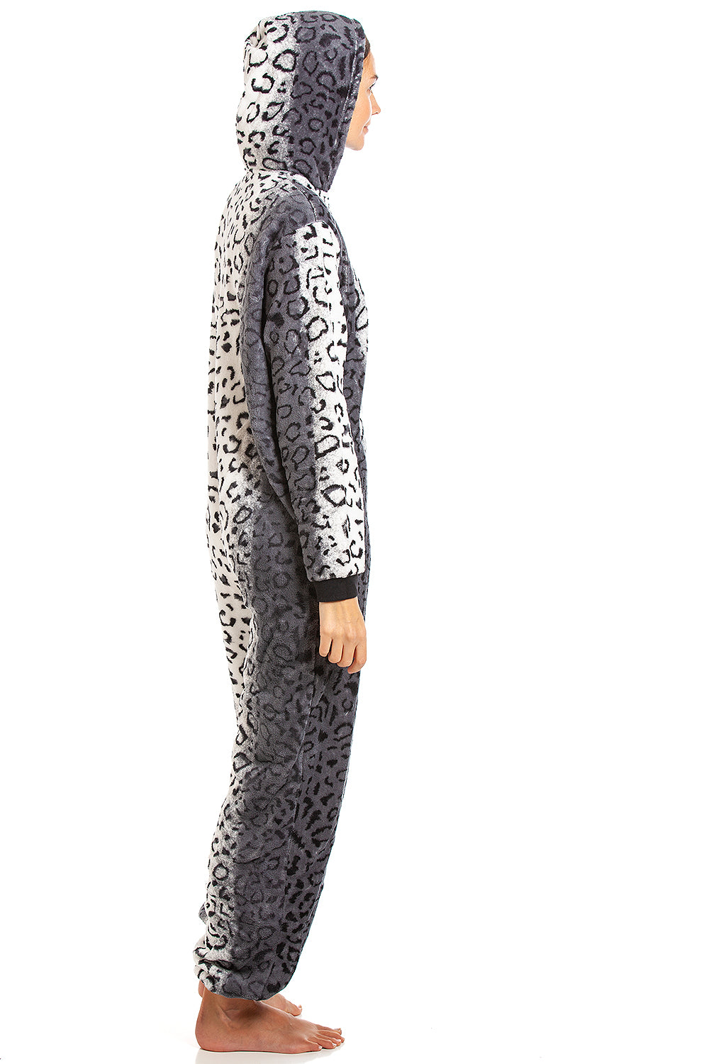 Camille Women's Onesie Grey Snow Leopard Print Luxury Fleece Jumpsuit