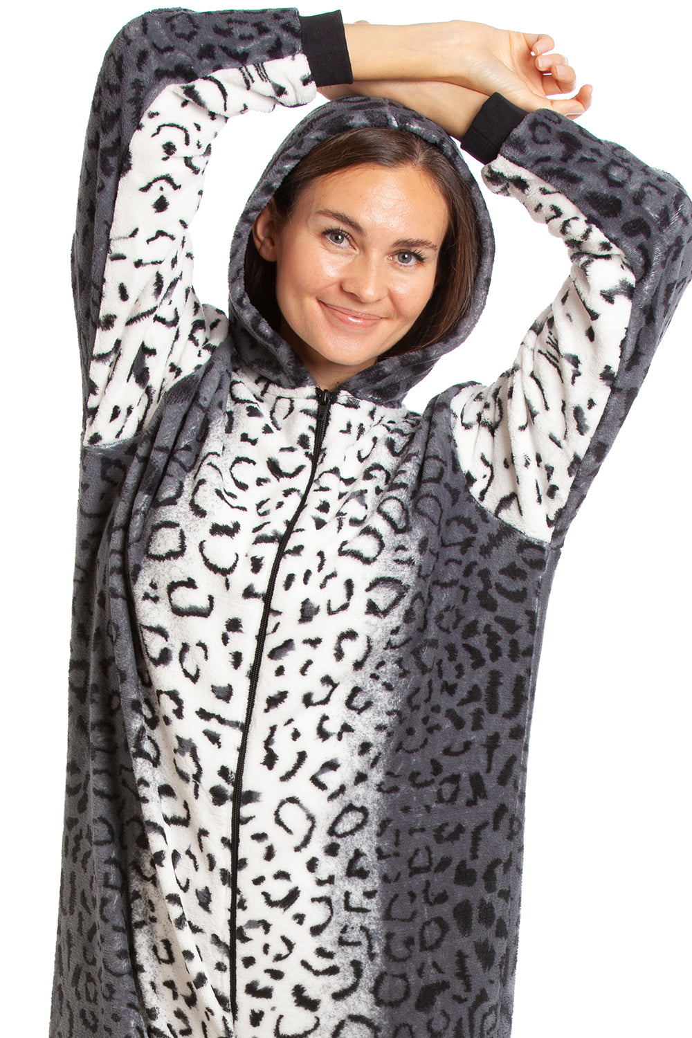 Camille Women's Onesie Grey Snow Leopard Print Luxury Fleece Jumpsuit