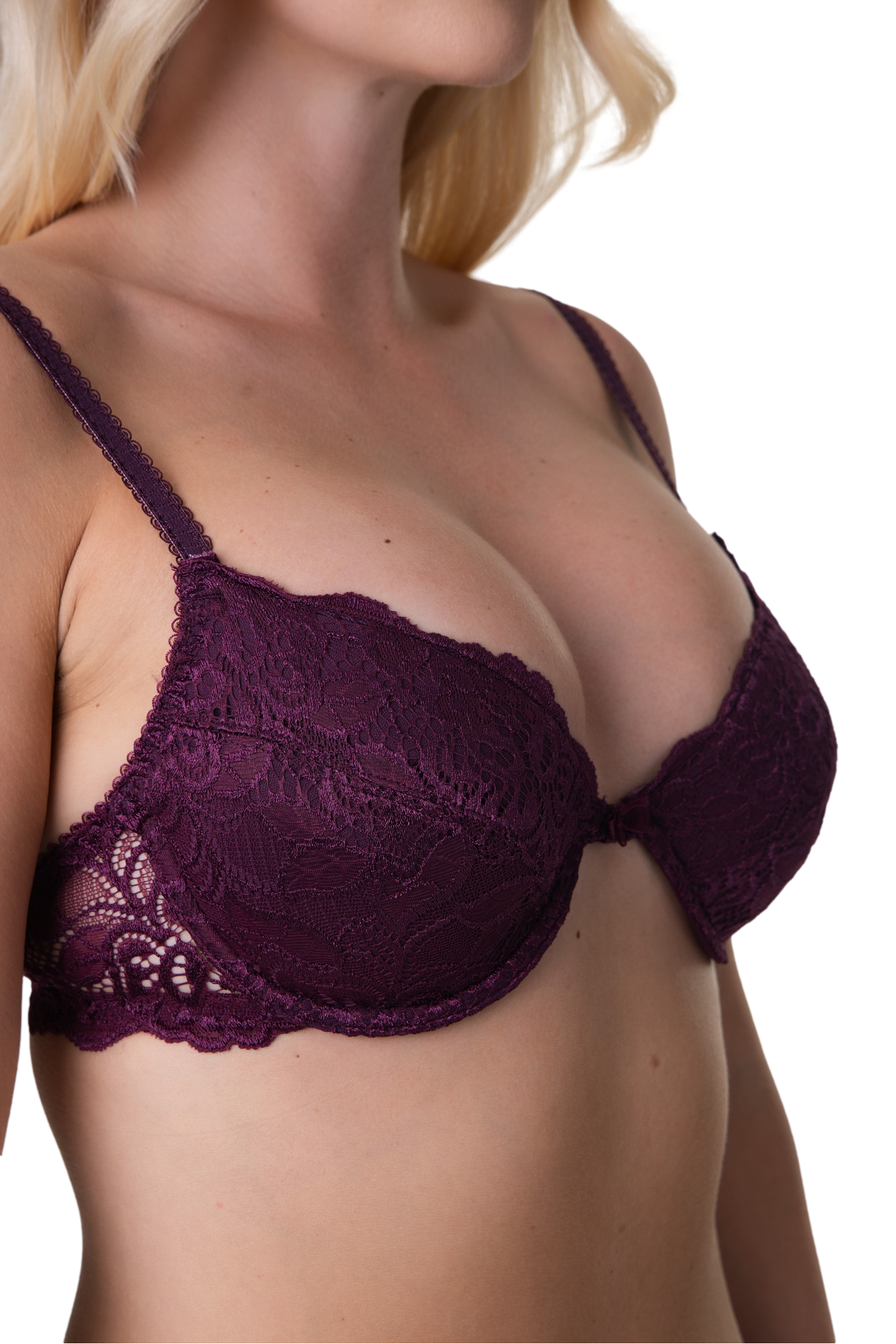 Womens Aubergine Floral Lace Padded Underwired Bra
