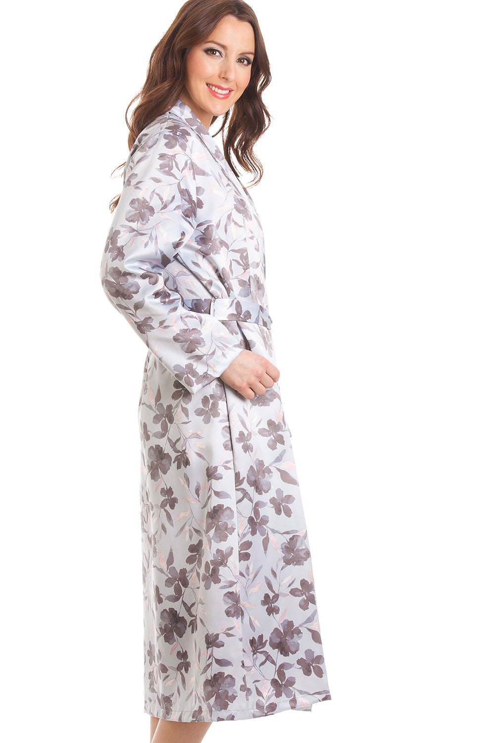 Grey Floral Print Long Satin Light Blue Wrap