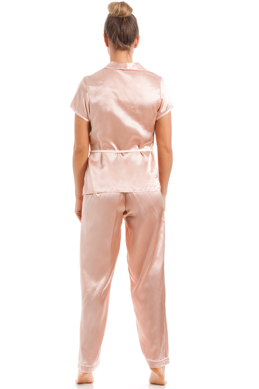 Womens Short Sleeve Belted Satin Salmon Pink Pyjama Set