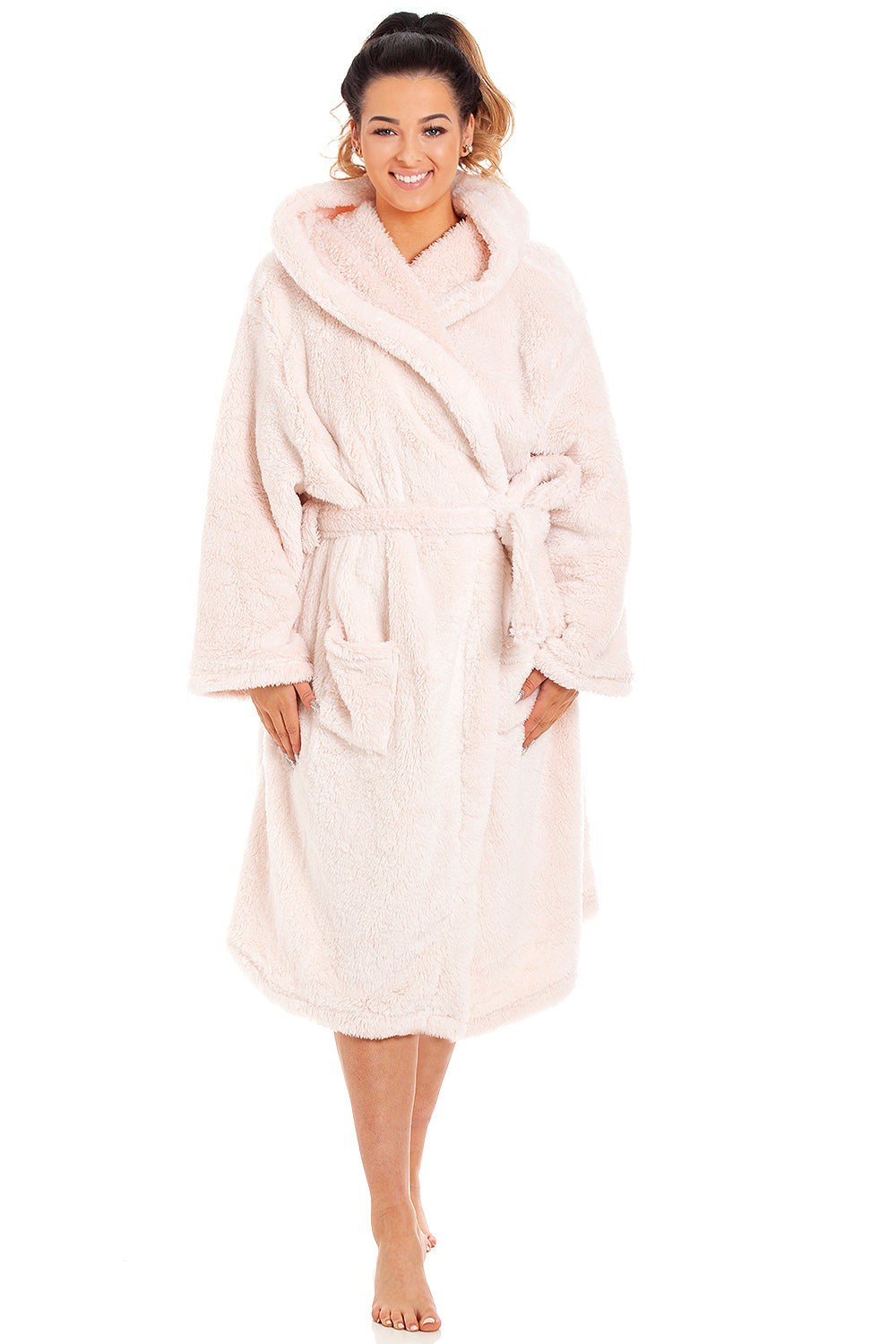 Camille Women's Hooded Bathrobe in Pink Soft Fleece Fluffy Dressing Gown