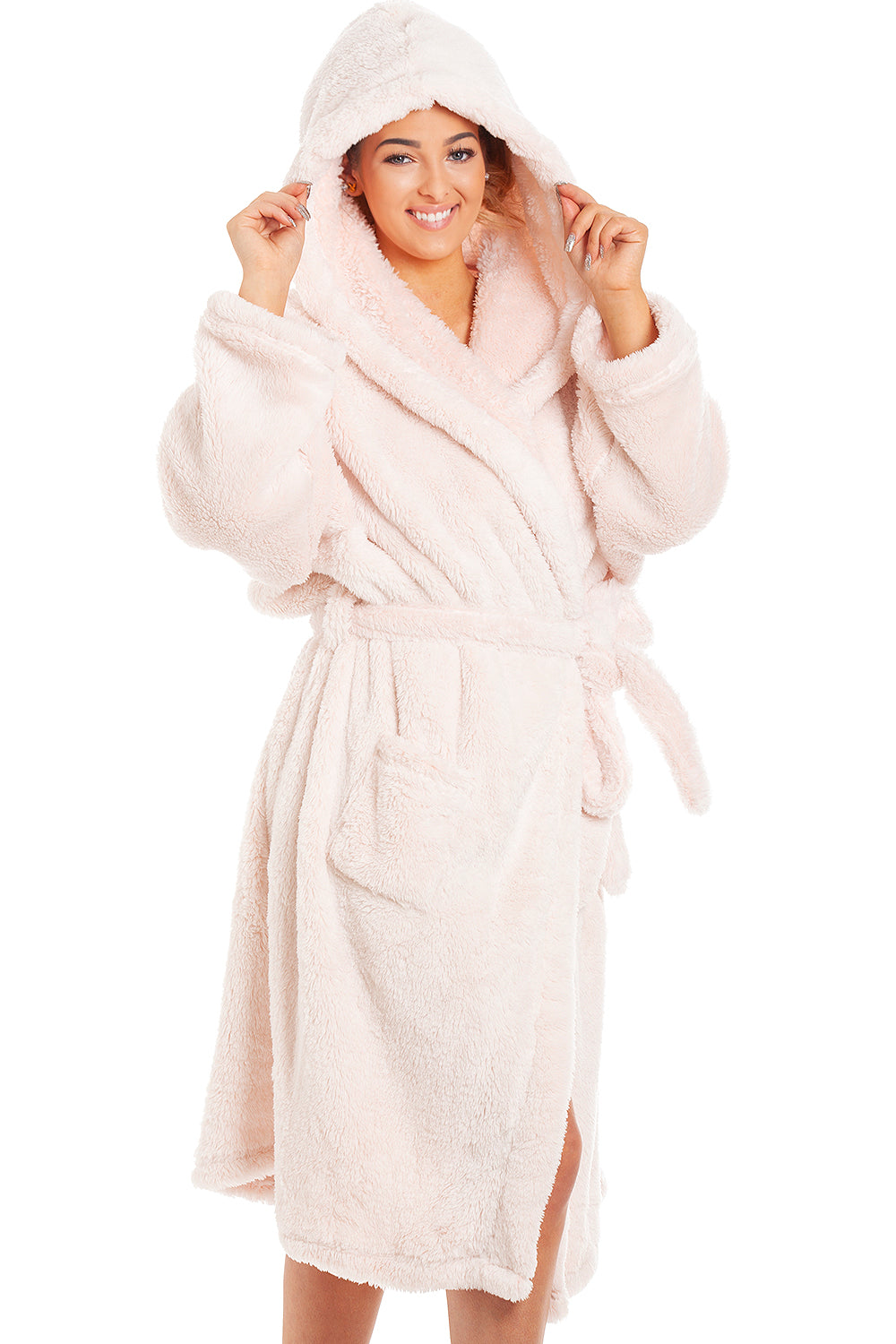 Camille Women's Hooded Bathrobe in Pink Soft Fleece Fluffy Dressing Gown