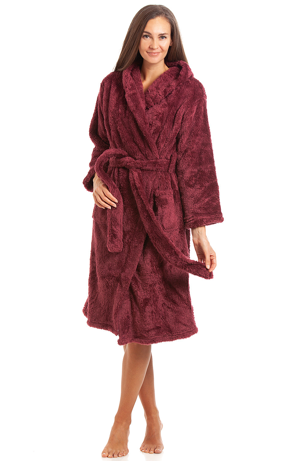 Camille Women's Hooded Bathrobe in Pink Soft Fleece Fluffy Dressing Gown