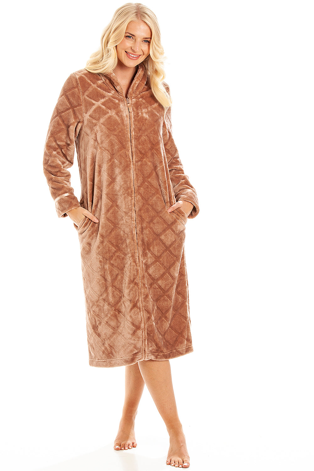 Camille Women's Housecoat Fleece Zip Robe with Inseam Pockets