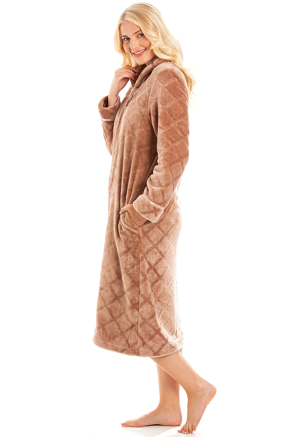 Camille Women's Housecoat Fleece Zip Robe with Inseam Pockets