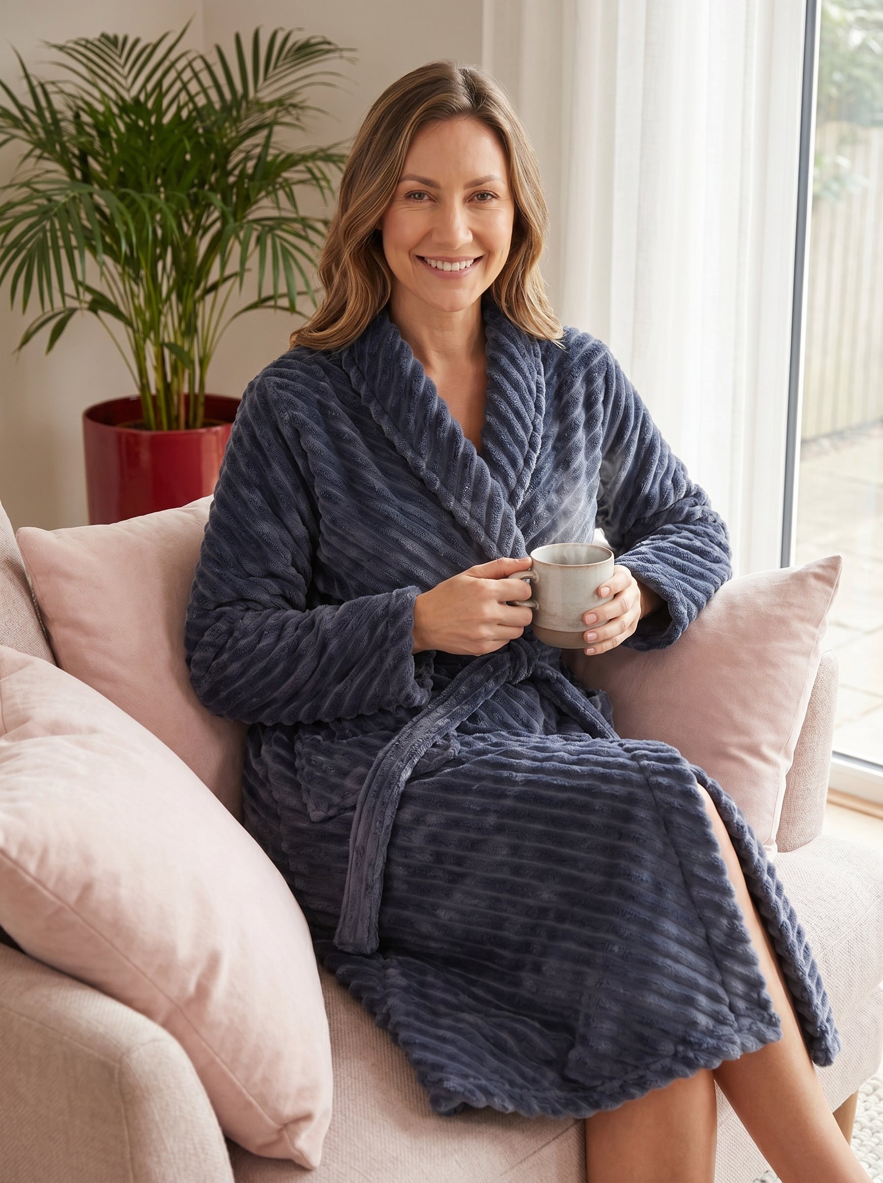 Womens Supersoft Fleece Long Sleeved Ribbed Dressing Gown