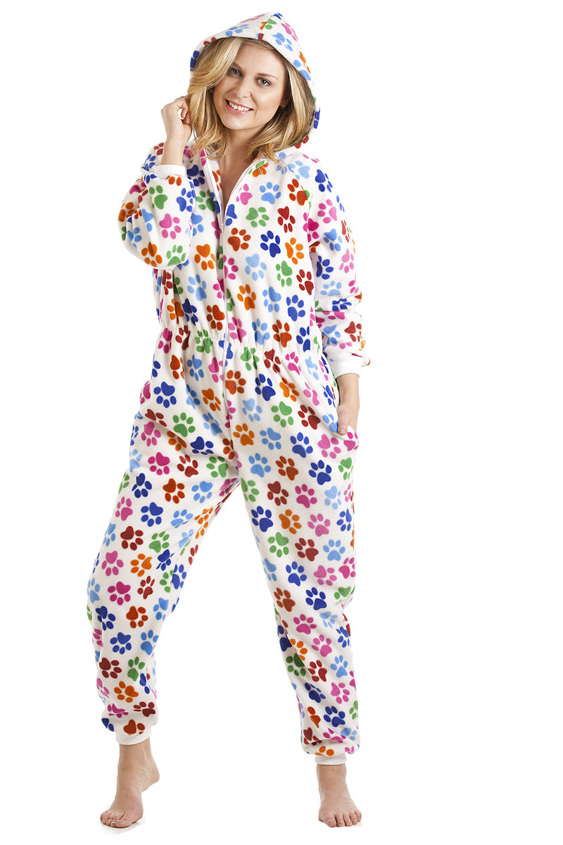 Womens Supersoft Fleece Multi-Coloured Paw Print Onesie