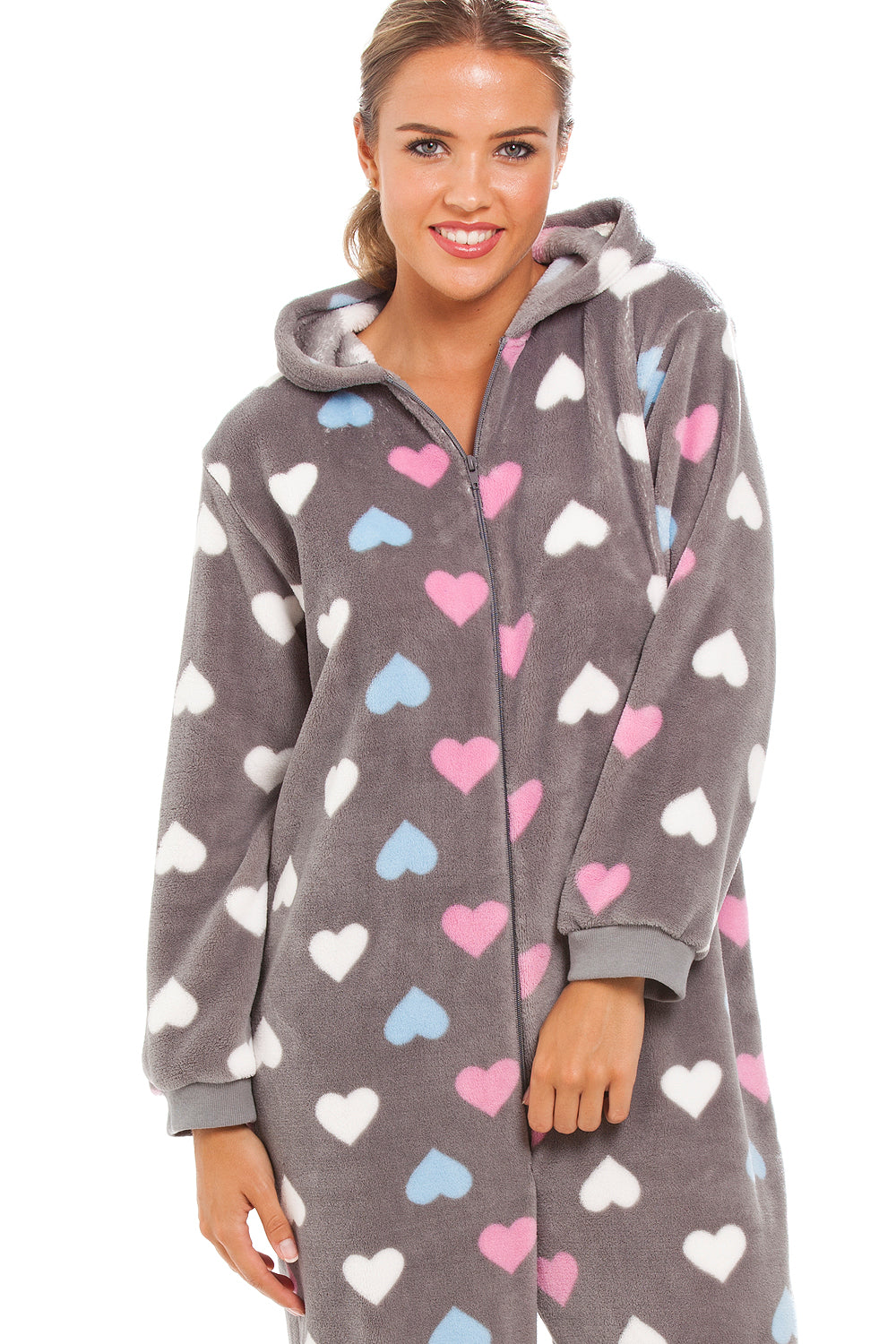 Womens Supersoft Fleece Heart Print Hooded Grey Onesie