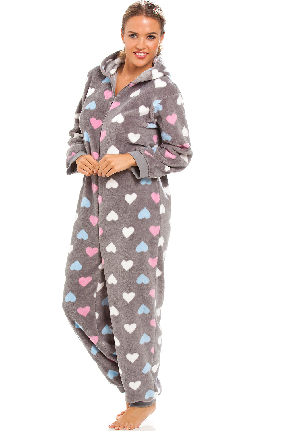 Womens Supersoft Fleece Heart Print Hooded Grey Onesie