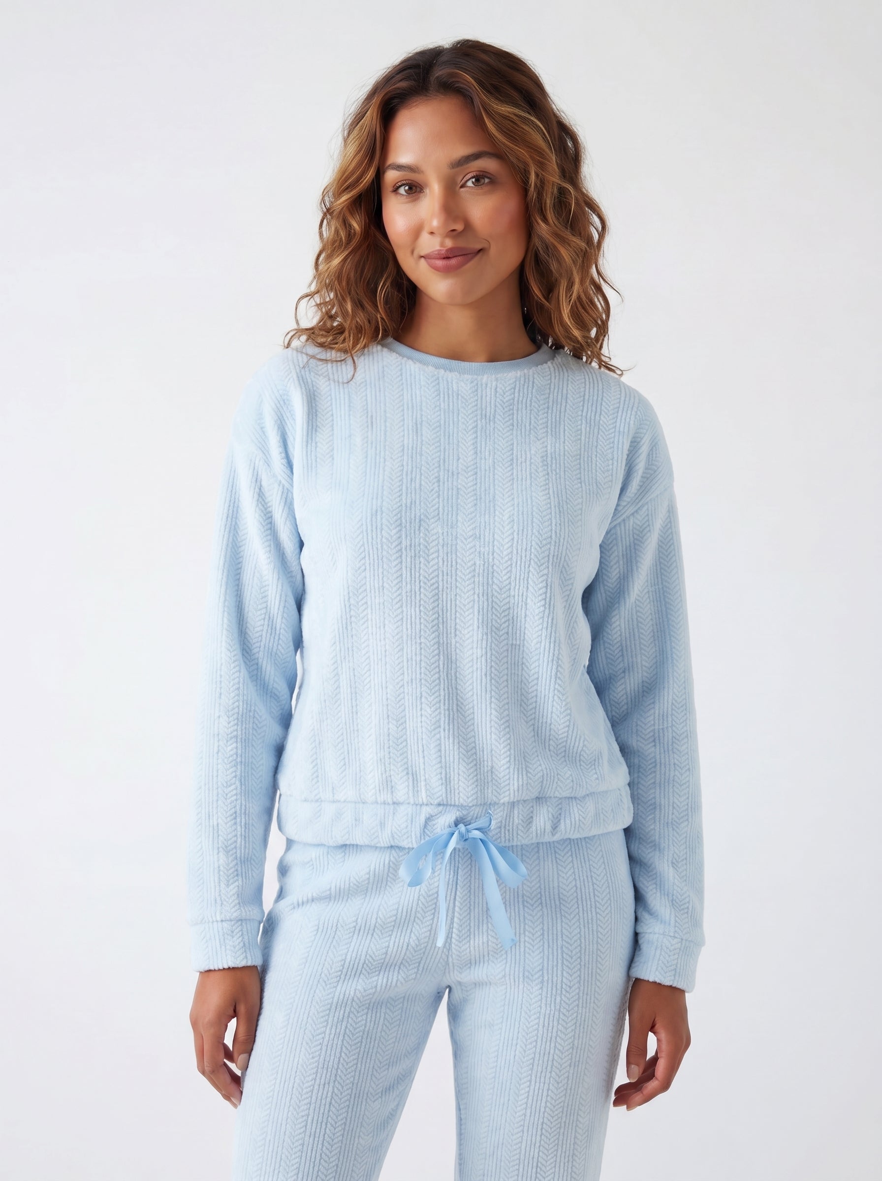 Camille Womens Embossed Flannel Fleece Round Neck 2-Piece Pyjama Set